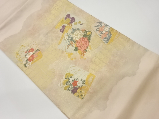 リサイクル　色紙に花々・葡萄模様織出し名古屋帯